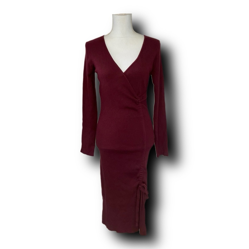 Her Entire Name Says Grace Burgundy Faux Wrap Midi Sweater Dress Fall Cozy Vibes